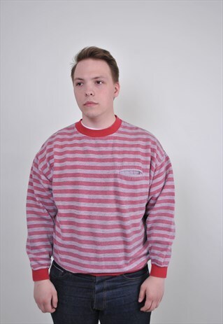 VINTAGE STRIPED SWEATSHIRT, 90S RED GREY SPORT SHIRT POCKET
