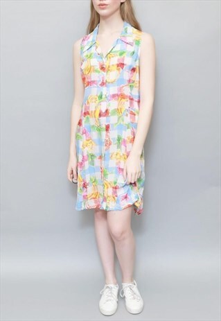 VINTAGE 1990'S CHECKERED FLORAL SUMMERY MINI DRESS
