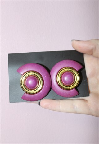 80'S VINTAGE OVERSIZED PURPLE GOLD AZTEC CLIP ON EARRINGS