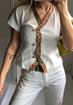 Vintage 90s White Linen Thai Short Sleeved Cotton Top