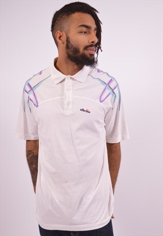 ELLESSE MENS VINTAGE POLO SHIRT LARGE WHITE 90S