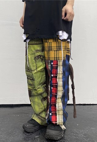 REWORKED STITCHED TARTAN OVERALLS CHECK PLAID Y2K TROUSERS