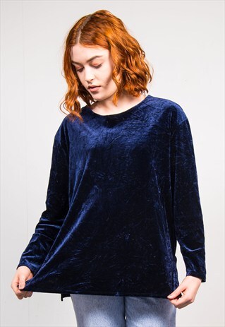 90'S VINTAGE DARK BLUE VELVET LONG SLEEVE TOP