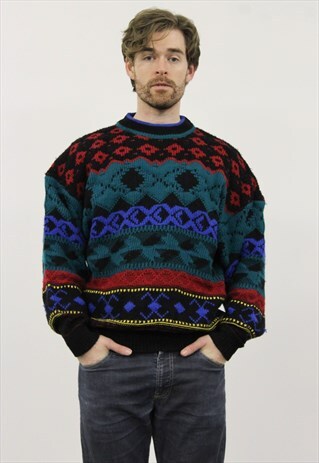 VINTAGE 1980S TURQUOISE, BLUE AND RED PATTERNED JUMPER