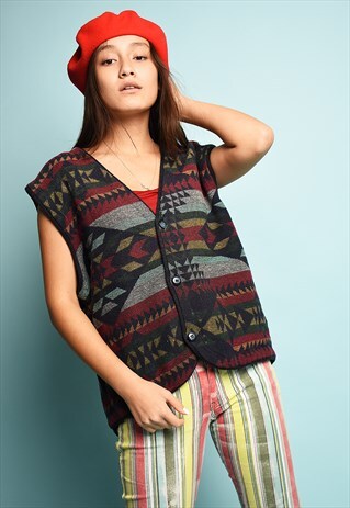 VINTAGE 90S OVERSIZED BOHO AZTEC PATTERN GILET VEST JACKET