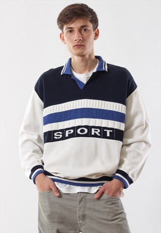VINTAGE CARLO COLUCCI PULLOVER SWEATER 90S WHITE BLUE