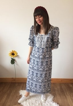 Vintage 70s Dark Grey Blue & White Maxi Dress