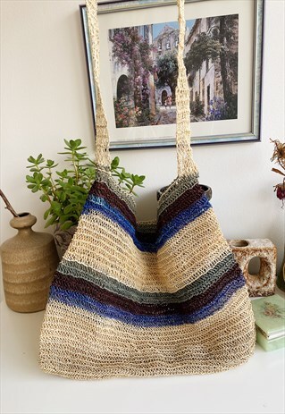 VINTAGE 80S HANDMADE RAFFIA BOHEME FESTIVAL BEACH BAG