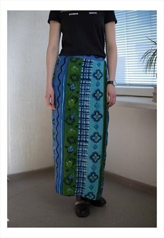 VINTAGE 90'S MAXI BLUE PATTERNED WRAP SKIRT