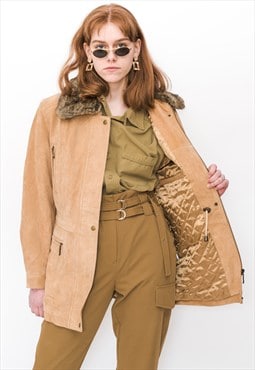 Vintage 90s faux fur collar suede leather jacket in beige