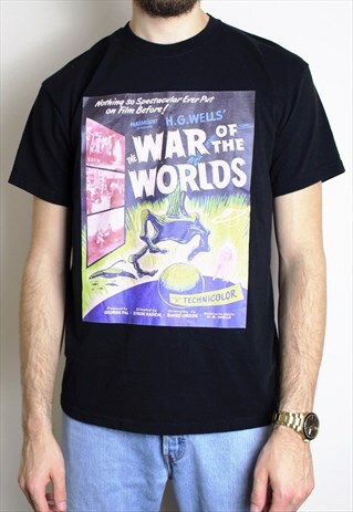 VINTAGE WAR OF THE WORLDS T-SHIRT MENS LARGE BLACK Y2K