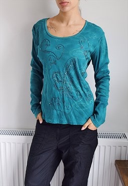 Vintage Y2K Long Sleeve Top Floral Embroidery Turquoise