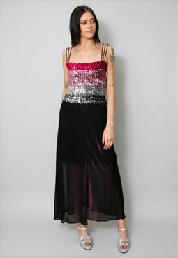 70's Vintage Sequin Bandeau Purple Black Lurex Midi Dress