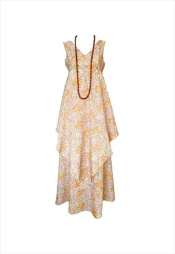 70s vintage Peach Floral Boho Maxi Dress 
