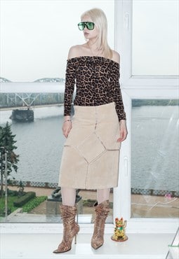 90's Vintage retro stitched suede midi skirt in almond beige