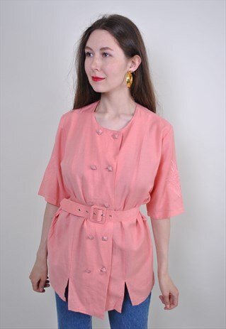 80S PINK BELT BLOUSE, VINTAGE EVENING FORMAL SHIRT