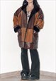 Vintage Brown 80s Real Leather and faux fur Patchwork Coat
