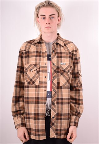 MENS VINTAGE FLANNEL SHIRT LARGE BROWN CHECK 90S