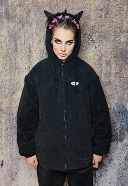 Check fleece jacket devil horn hooded bomber in black