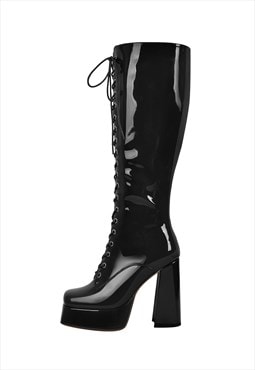 Square Toe Lace up Chunky Heels Boots