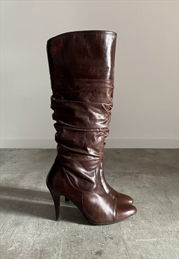 Vintage Y2K 00s real leather high heel knee brown boots
