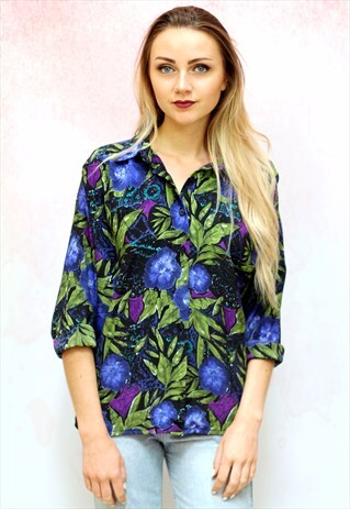 1990S VINTAGE GREEN AND PURPLE FLORAL SILKY BLOUSE