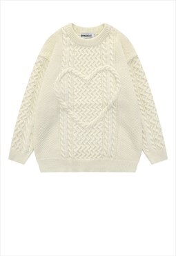 Heart sweater knitted luxury top cable love jumper in cream