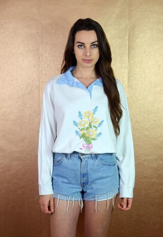 90'S VINTAGE WHITE FLORAL LONG SLEEVE TOP
