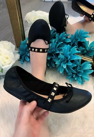Black Studded Flex Ballerina Shoes