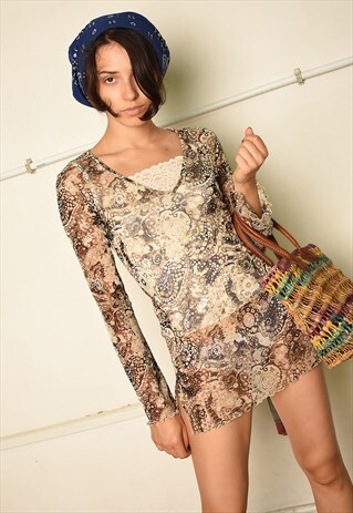 VINTAGE Y2K FESTIVAL SHEER MESH TUNIC WITH ABSTRACT PRINT