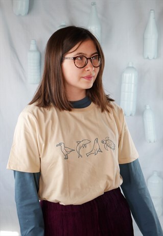 ORGANIC T-SHIRT IN BEIGE WITH DOLPHIN, TURTLE, SEAL