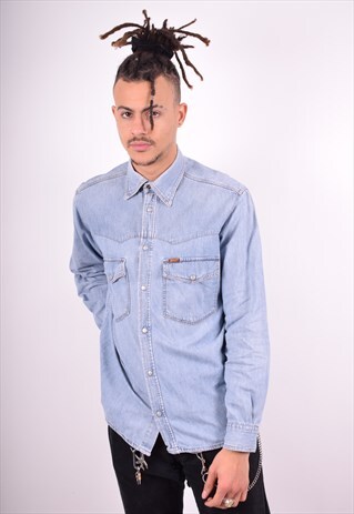 RIFLE MENS VINTAGE DENIM SHIRT SMALL BLUE 90'S