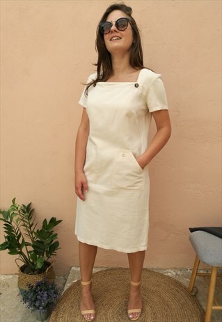 VINTAGE 90S MIDI BUTTON BACK COTTON DRESS IN CREAM