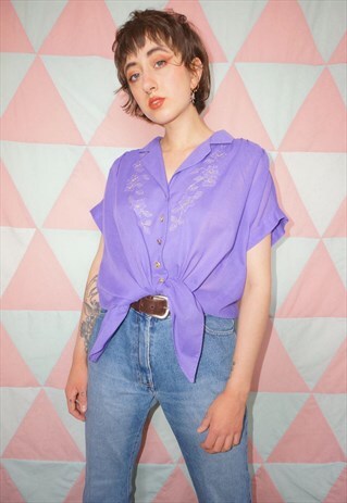 VINTAGE 80S TIE FRONT LILAC FLORAL EMBROIDERED BLOUSE