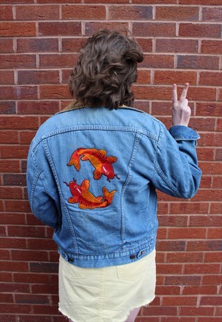 VINTAGE REWORKED 90S DENIM JACKET SHEARLING ORANGE BADGE