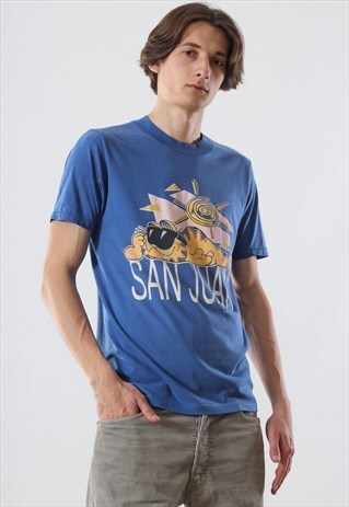 VINTAGE GARFIELD JIM DAVIS GRAPHIC TEE BLUE 70S T SHIRT