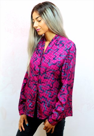 1990S VINTAGE MAROON PATTERNED SILKY BLOUSE