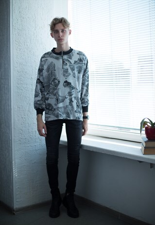 VINTAGE 80'S WHITE/BLACK PATTERNED 1/4 ZIP JUMPER