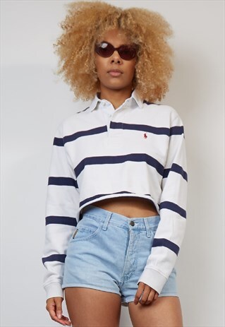 VINTAGE 90'S POLO RALPH LAUREN WHITE/NAVY REWORK CROP TOP