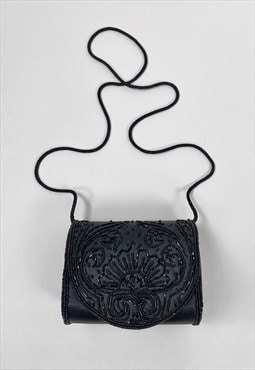 80's Vintage Black Fabric Ladies Black Beaded Evening Bag