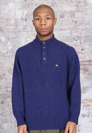 VINTAGE BURBERRY BUTTON UP KNIT JUMPER BLUE