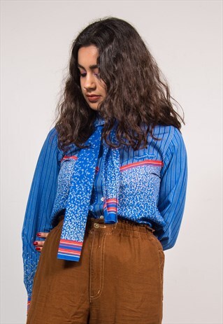 70'S VINTAGE BLUE PATTERNED NECK TIE BLOUSE