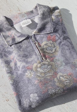 Vintage multi color printed floral collared knitted sweater