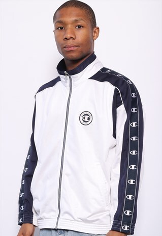 VINTAGE CHAMPION TAPE LOGO TRACK JACKET WHITE BLUE