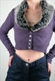Y2K CROP CARDIGAN KNIT FAUX FUR COLLAR JEWEL BUTTONS PURPLE