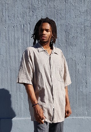 90S MINIMALIST LUXURY PLAID LINEN BLEND CAMP SHIRT XL
