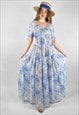 70's Blue White Floral Short Sleeve Sheer Maxi Vintage Dress