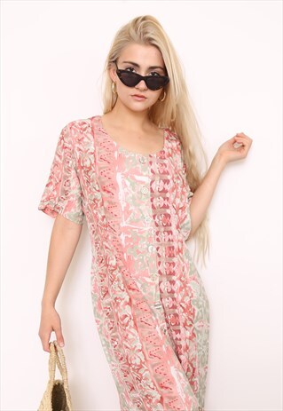 VINTAGE 90S PINK BATIK PRINT BUTTON DOWN DRESS