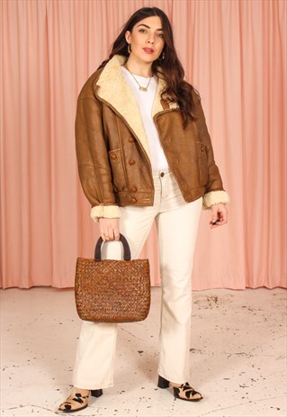 VINTAGE 80S PREMIUM SHEARLING LEATHER JACKET IN BROWN