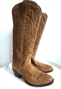 Vintage Brown Suede Leather Cowboy Western Boots Shoes